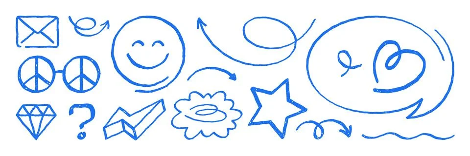 Vector Illustration Set Of Hand Drawn Blue Doodle Sketch Icons For Design 스톡 일러스트