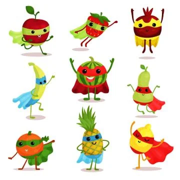Vector illustration set of happy superhero fruit characters in different poses 스톡 일러스트