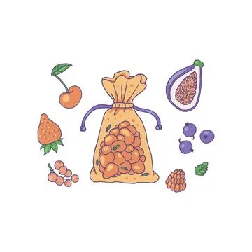 Vector illustration of a set with the image of an aromatic sachet with berr.. Stock Illustration