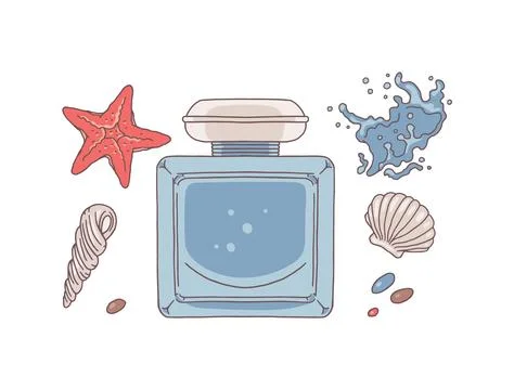 Vector illustration of set with image of bottle and ingredients of perfume. Illustration