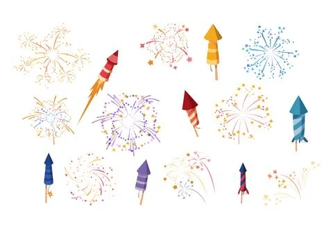 Vector illustration of a set with the image of fireworks of various shapes an Stock Illustration
