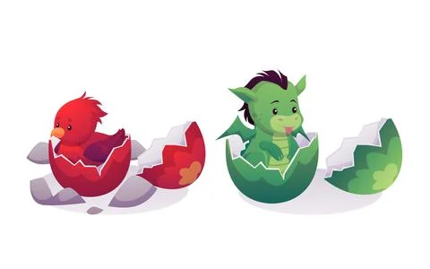 Vector illustration of a set with the image of hatched baby phoenix bird an.. Stock Illustration