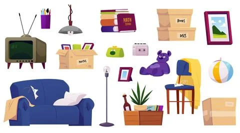 Vector illustration of a set with the image of old things and furniture on an Stock Illustration