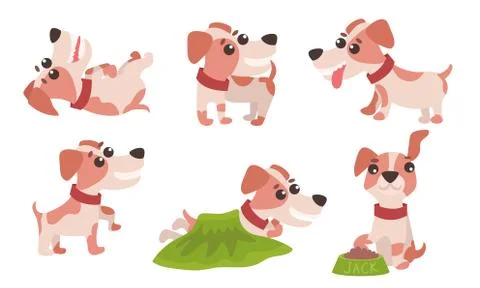Vector Illustration Set With Jack Russell Terrier Daily Activity Isolated On Illustrazione stock