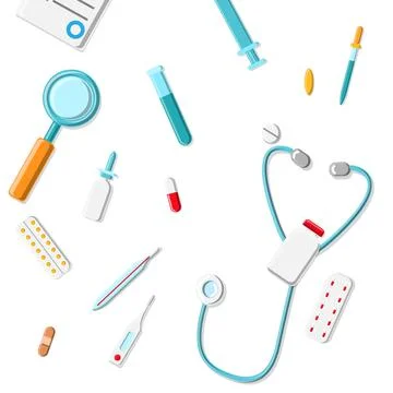 Vector illustration set of medical objects drugs drugs flasks stethoscopes mi Stock Illustration