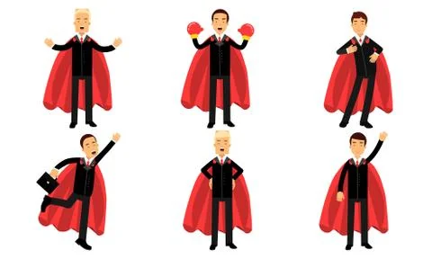 Vector Illustration Set With Men In Business Suits And Heroic Mantle Cartoon Stock Illustration