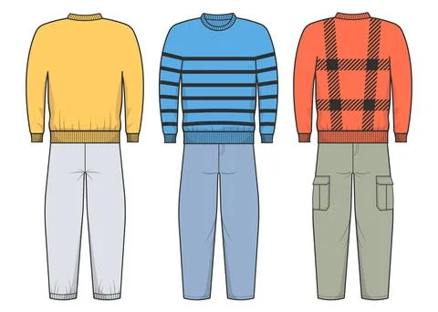 Vector illustration set of men casual outfits featuring sweaters and pants .. 스톡 일러스트