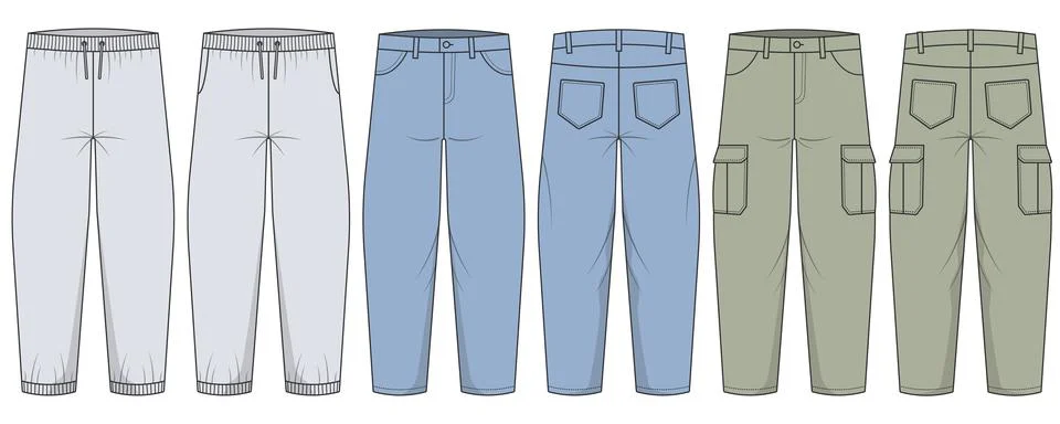 Vector illustration set of men pants including joggers, jeans, and cargo tr.. Illustrazione stock