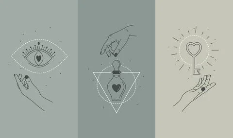 Vector illustration set mystic hands and love signs for social media stories. Stock Illustration