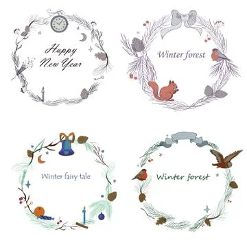 Vector illustration, set of New Year frames with forest and celebratory eleme Stock Illustration