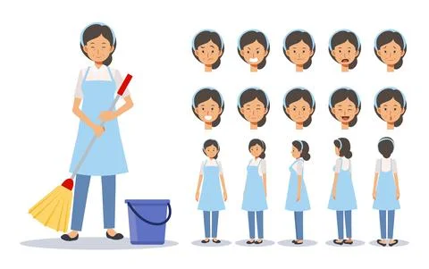Vector illustration set of old lady is a housekeeper,cleaner in various actio Stock Illustration