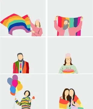 Vector illustration of a set os a people holding rainbow flag sign of pride	 Stock Illustration