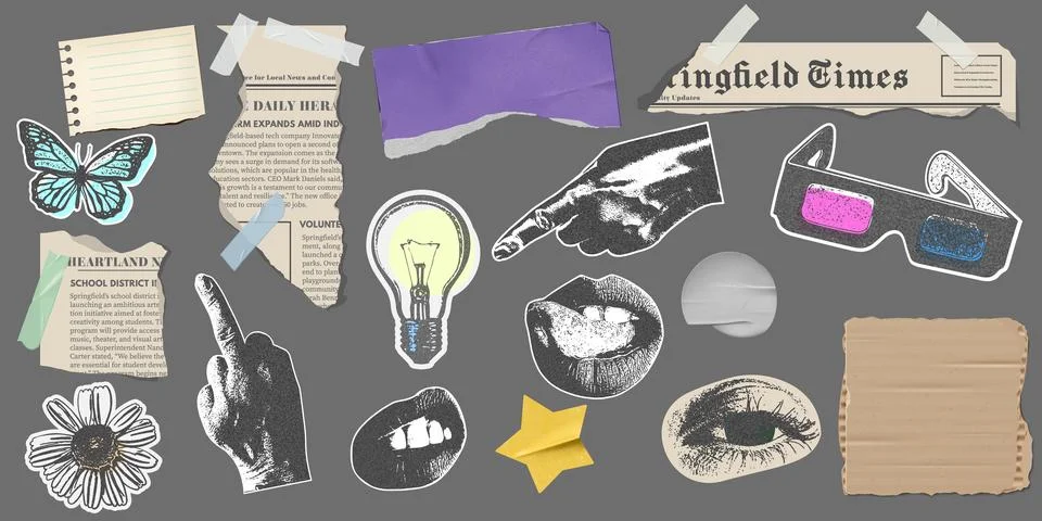 Vector illustration of a set with pieces of torn paper and halftone elements  Stock Illustration