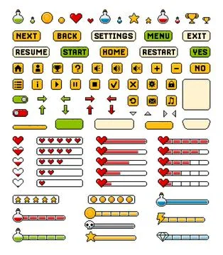 Vector illustration of a set of pixel icons for game interface. Stock Illustration