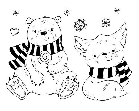 Vector illustration set of polar bear and fox for Christmas in doodle hand drawn Stock Illustration