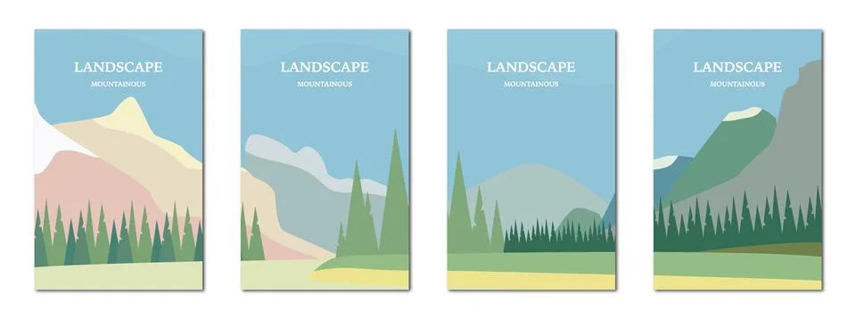 Vector illustration. Set of posters with mountain landscape, green meadows Stock Illustration