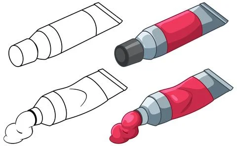 Vector Illustration Set of Red Paint Tubes in Color and Outline Stock-Illustration
