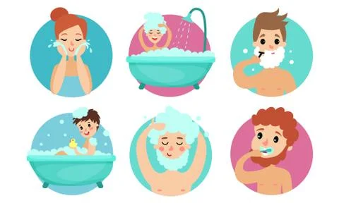 Vector Illustration Set Of Routine Hygiene Procedures In The Bathroom Stock Illustration