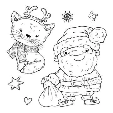 Vector illustration set of Santa Claus and cat for Christmas in doodle hand Stock Illustration