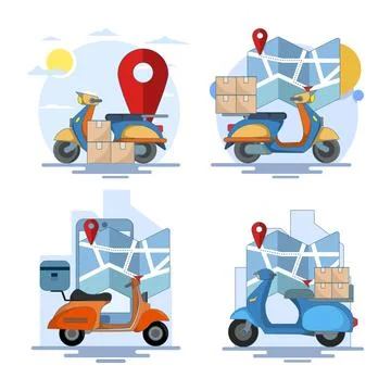Vector illustration set of scooters with package box and location sign Stockillustratie