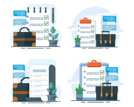 Vector illustration set showcasing completed checklists, task management. Stock Illustration