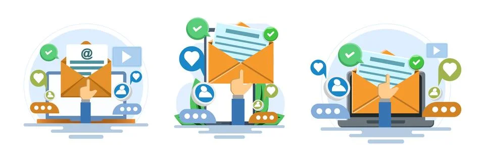 Vector illustration set showcasing email campaigns, newsletter marketing Stock Illustration