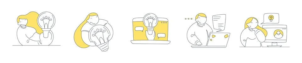 Vector illustration set showing people generating ideas. Includes brainstormi Stock Illustration