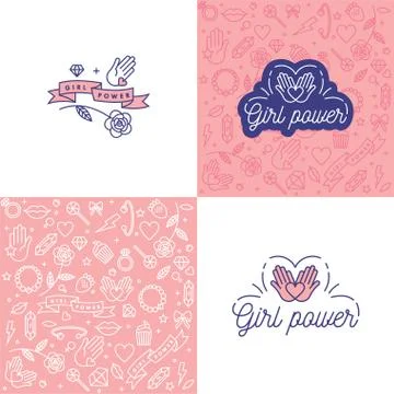 Vector illustration set in simple style with hand-lettering phrase girl power - Stock Illustration