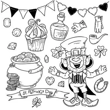 Vector illustration Set of St. Patrick s Day in doodle hand drawing style. Illustrazione stock