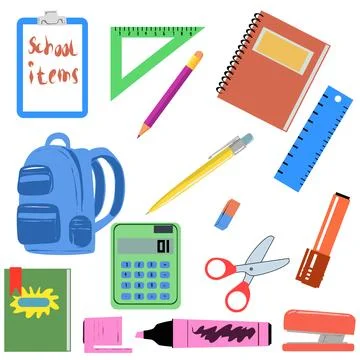 Vector illustration set of stationery school supplies and backpack Stock Illustration