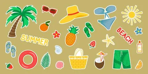 Vector illustration. A set of stickers on the theme of summer, sea, beach. Stock Illustration