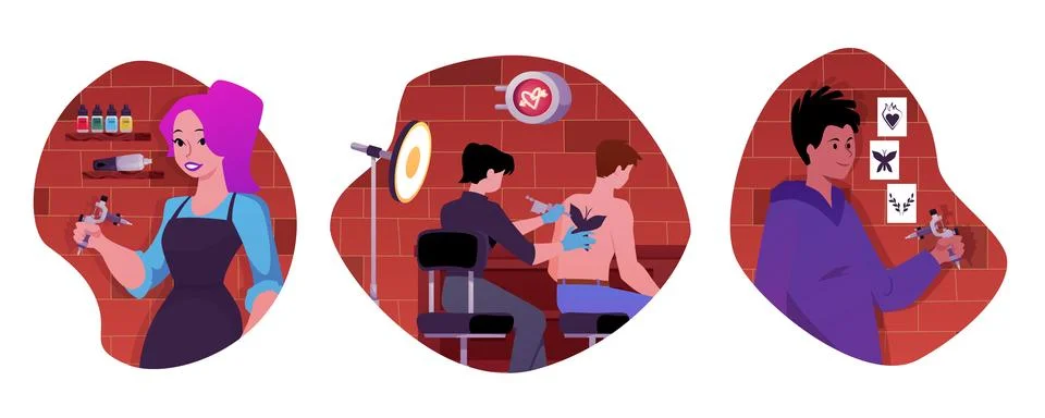 Vector illustration of set with tattoo parlor artists in round frames. Stock Illustration