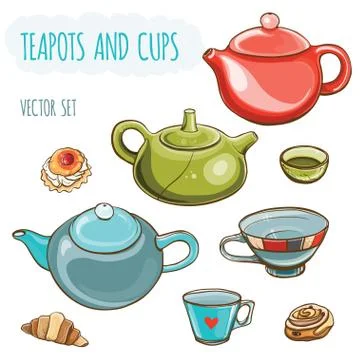 Vector illustration set of teapots, cups and buns. Stock Illustration