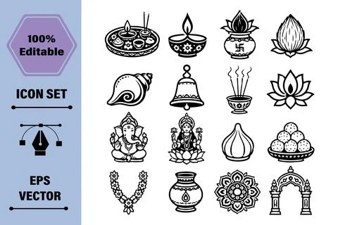 Vector Illustration Set of Traditional Indian Religious Symbols and Culture.. Stock Illustration
