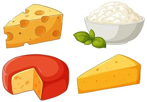 Vector Illustration Set of Various Cheese Types and Cottage Cheese Bowl Stock Illustration