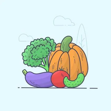 Vector illustration. Set of vegetables. Color line art Stock Illustration