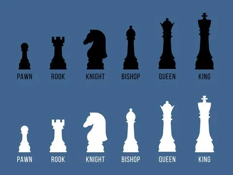 Vector illustration set of white and black chess pieces with their names la.. Illustrazione stock