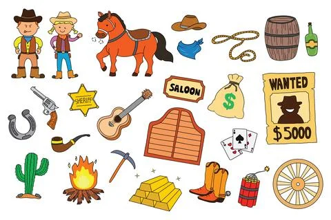 Vector illustration set of wild west elements including horse with a cowboy Stock Illustration