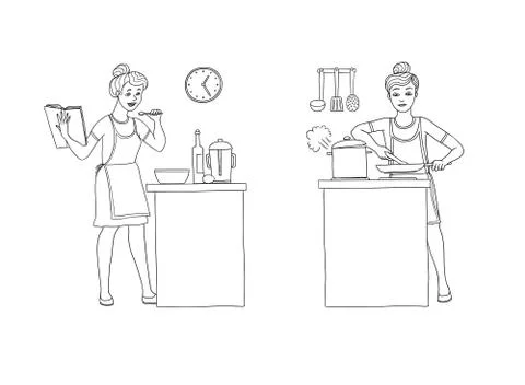 Vector illustration set of women preparing food in the kitchen. Character is Stock Illustration
