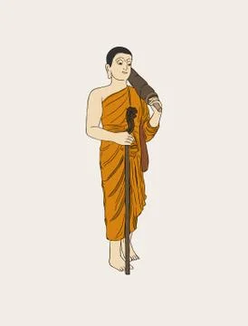 Vector illustration of shaved buddhist monk. Full-length person image. Stock Illustration