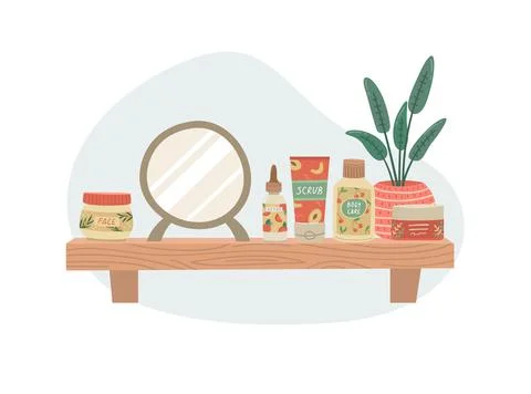 Vector illustration of a shelf with cosmetics for face and body care. Home co Stock-Illustration
