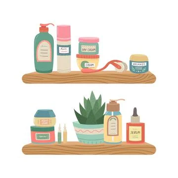Vector illustration of a shelf with cosmetics for face and body care. Home co Stock Illustration