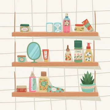 Vector illustration of a shelf with cosmetics for face and body care. Home co Stock Illustration