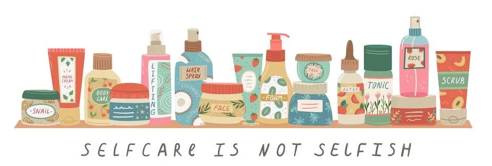 Vector illustration of a shelf with cosmetics for face and body care. Home co Stock Illustration