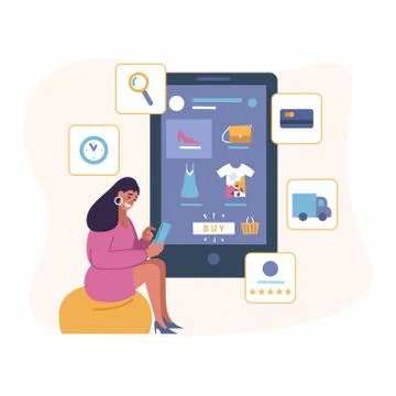 Vector Illustration, Shopping with mobile app in online store - flat design Stock Illustration