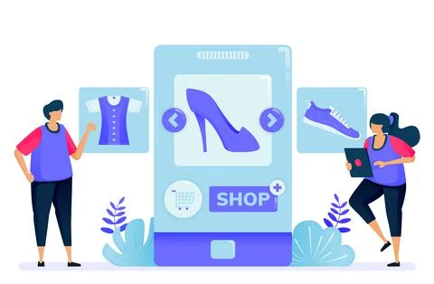 Vector illustration for shopping with mobile apps for fashion products. Open  Stock Illustration