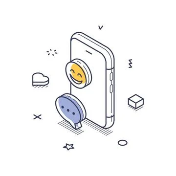 Vector illustration showcases an isometric line art design of a smartphone wi Illustrazione stock