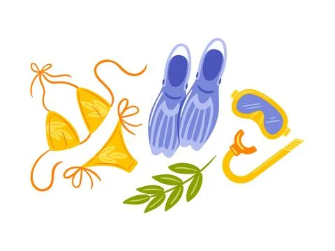 This vector illustration showcases a vibrant bikini, colorful fins, a diving Stock Illustration