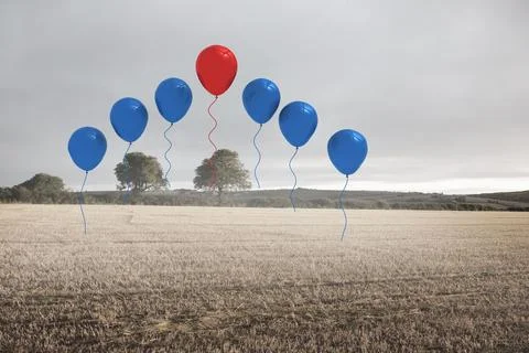 Vector illustration is showing floating red and blue balloons with ribbons over Stock Photos