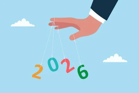 Vector illustration showing a hand controlling the numbers 2026 like a puppet Stock Illustration